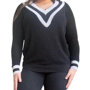V-Neck Black & White Stripe Knit Sweater Top